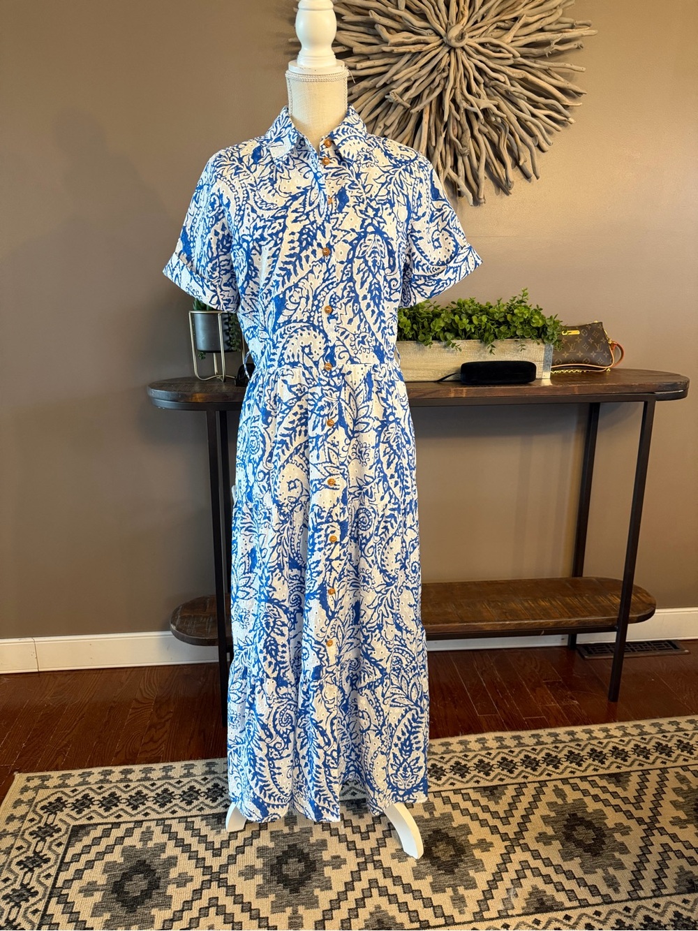 Zara blue and white eyelet maxi dress short sleeved.